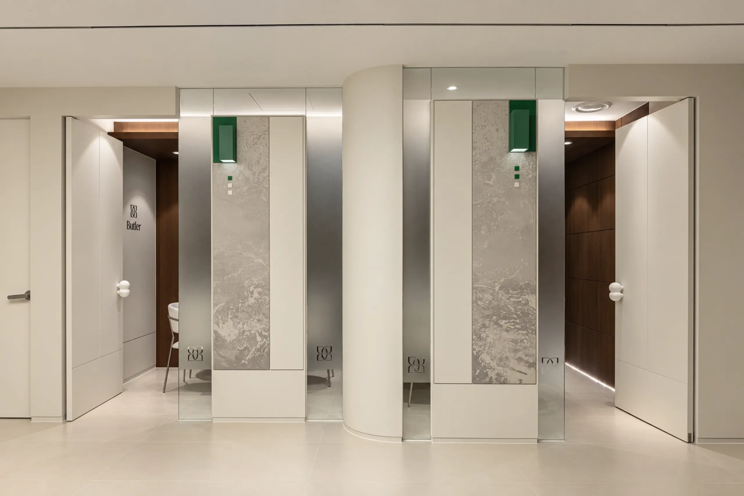 Corridor lined with consultation rooms